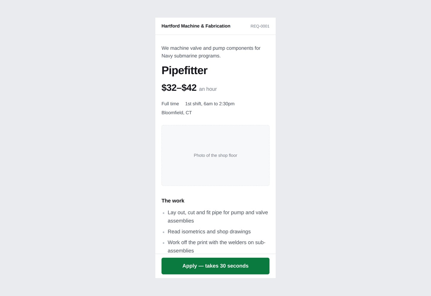The HireMe job page on a phone, showing the pay range, the work, and a short application form