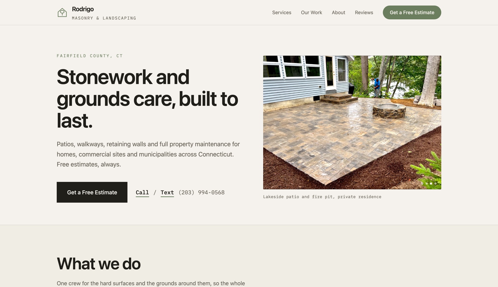 The Rodrigo Masonry and Landscaping homepage as delivered